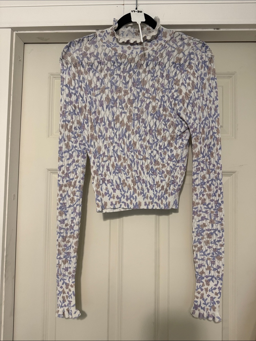 Zara White Long-Sleeve Smocked Top with Lavender & Taupe Print